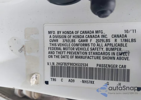 2012 Honda Civic Sdn Ex-L z USA, uszkodzony, nr VIN 2HGFB2F90CH532534